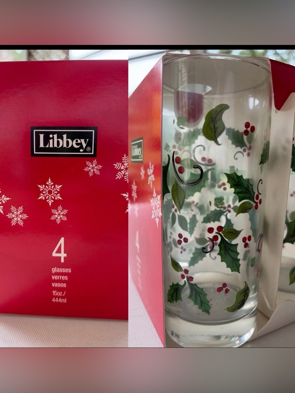 Vtg Libbey Holiday Holly Glasses Tumblers Set of 4 - 6.5” Christmas NOS NEW